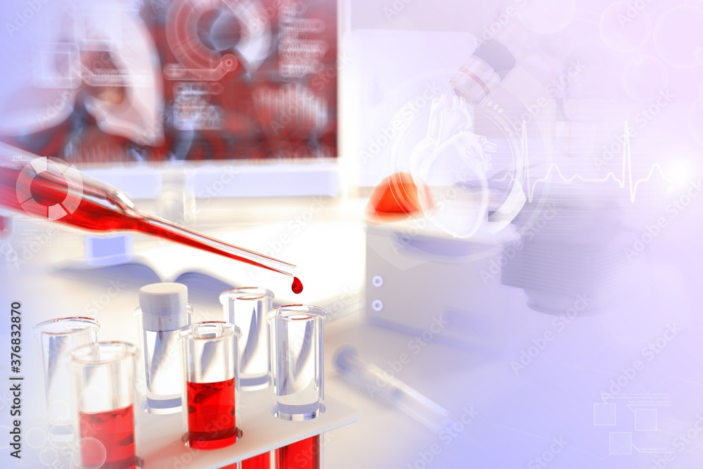Medical 3D illustration, testtubes vials in study office blood