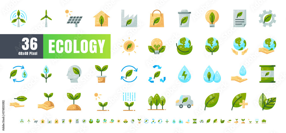 Vector of 36 Ecology and Green Energy Power Flat Color Icon Set. 48x48 and 192x192 Pixel.