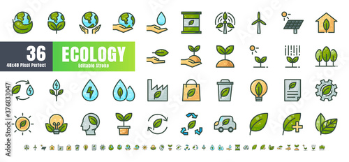 Vector of 36 Ecology and Green Energy Power Filled Color Line Outline Icon Set. 48x48 and 192x192 Pixel Perfect Editable Stroke.