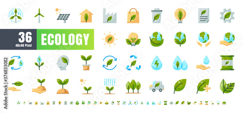 Vector of 36 Ecology and Green Energy Power Flat Color Icon Set. 48x48 and 192x192 Pixel.
