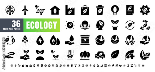 Vector of 36 Ecology and Green Energy Power Solid Glyph Icon Set. 48x48 and 192x192 Pixel Perfect.