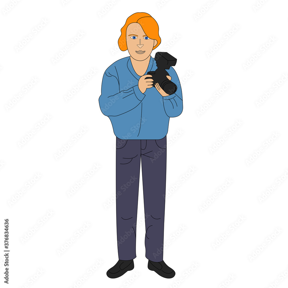 A young male photographer with red hair in a blue jacket holds a camera in his hands. Flat design vector illustration