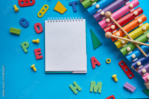 School supplies  stationery on blue background space for caption. Back to school concept. School  education and learning concept. creativity for kids. Top view colorful background. Flat lay