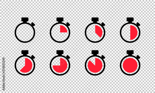 Timer icon set on transparent background. Stopwatch symbol. Countdown timers. Time management. Time clock sign. Watch icon. Vector EPS 10.