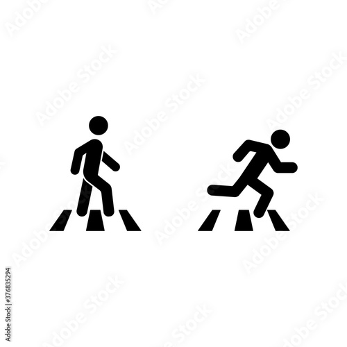 Crosswalk. Man walk and run across the road. Pedestrian is on the zebra, stick figure man icon. Vector on isolated white background. EPS 10.