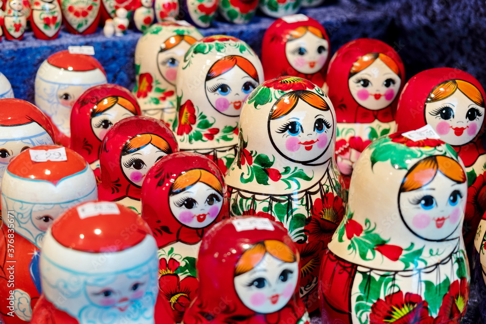 Colorful Russian nesting dolls matryoshka sold on Christmas market