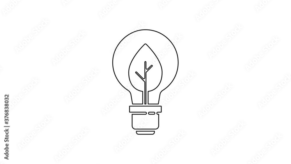 Black line Light bulb with leaf icon isolated on white background. Eco energy concept. Alternative energy concept. 4K Video motion graphic animation. Black line Light bulb with leaf icon isolated on white background. Eco energy concept. Alternative energy concept. 4K Video motion graphic animation.