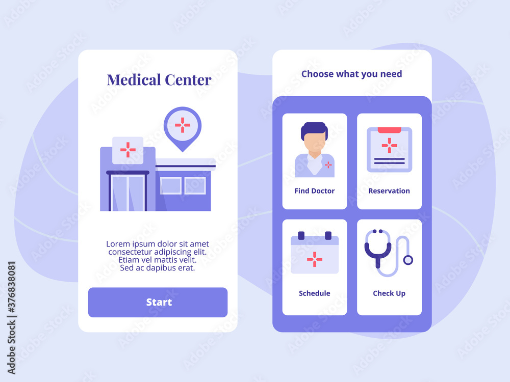 Medical center find doctor reservation schedule check up for mobile apps template banner page UI with two variations modern flat color style. Medical center find doctor reservation schedule check up for mobile apps template banner page UI with two variations modern flat color style.