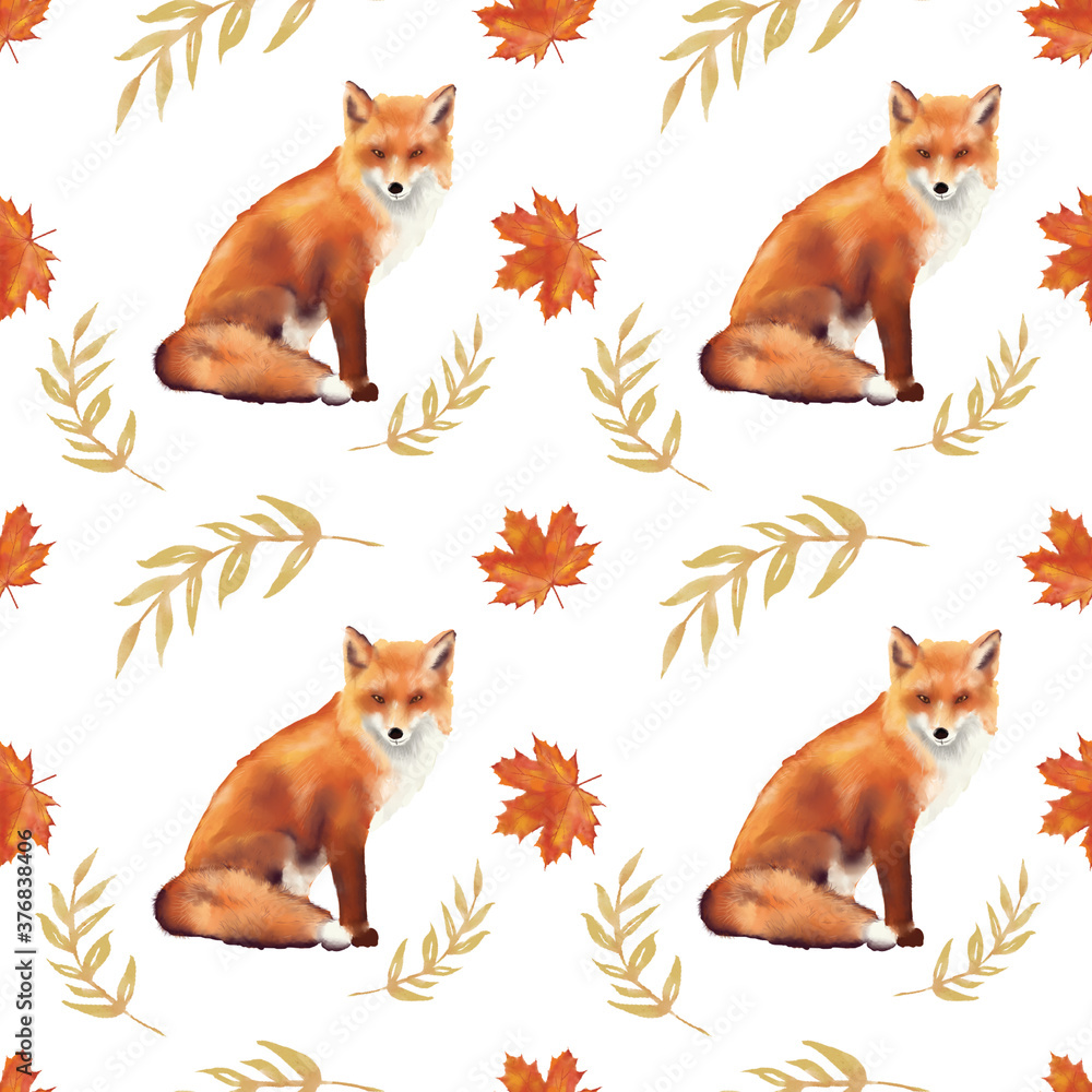 Autumn seasonal bright seamless pattern  on white background. Fox and leaves. 6x6 inches (15x15 cm)