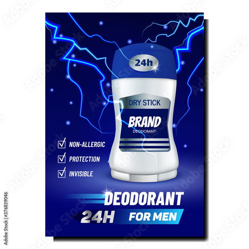 Dry Stick Deodorant For Men Promo Poster Vector. Deodorant Blank Container With Lightning On Advertising Marketing Banner. Aromatic Cosmetics For Armpit Style Color Concept Template Illustration