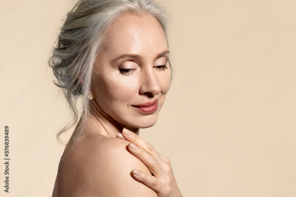 Senior lady with perfect skin closeup beauty portrait.  - obrazy, fototapety, plakaty 