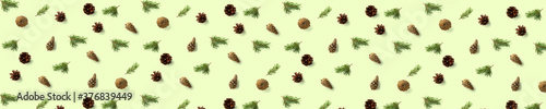 Pine cone Christmas background on green. Pine branches and cones. minimal creative cone arrangement pattern. flat lay, Modern christmas Background.