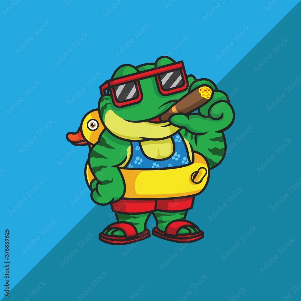 Obraz premium frog with cigarette and duck balloon. vector illustration