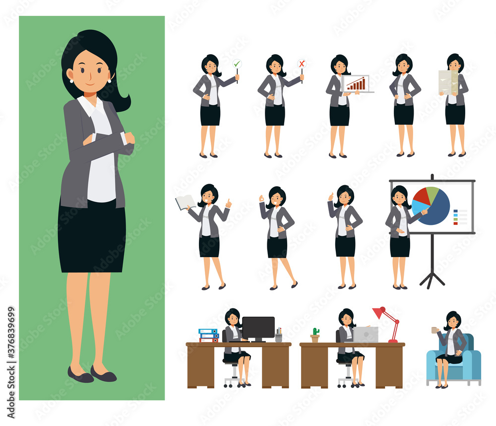 Set of working business woman. Business woman  working in office ,in flat design people characters.