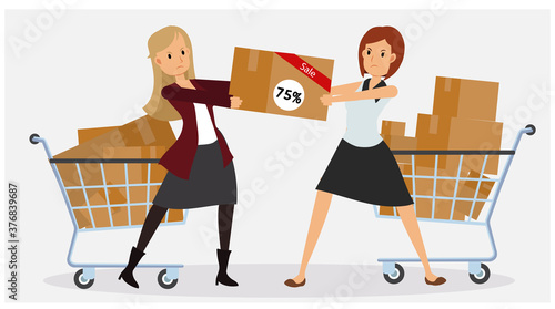 Flat commercial concept of promotion and discount. Black friday. 2 women are fighting to get her product.