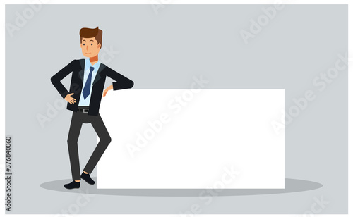 Vector illustration of Businessman is leaning on a blank poster.