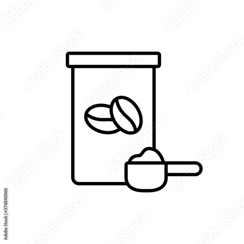 Ground, granulated or sublimated coffee. Linear icon of jar with coffee beans, measuring spoon with dry powder. Black emblem of packaging instant drink with scoop. Contour vector, white background