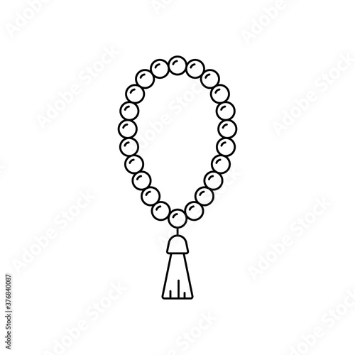 Holy rosary. Linear prayer beads icon. Black simple illustration of religious accessory with tassel. Attribute of Christianity, Islam, Buddhism. Contour isolated vector emblem, white background