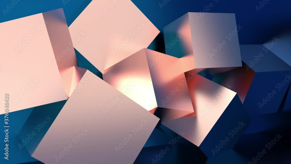 Shiny pink futuristic steel cubes rotate on a minimalistic blue background. Concept neon future of design, fashion and technology. 3d render 4k looped animation Shiny pink futuristic steel cubes rotate on a minimalistic blue background. Concept neon future of design, fashion and technology. 3d render 4k looped animation