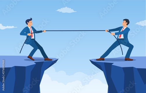 Two Businessmen Pulling Opposite Ends of Rope of cliff, Business Competition concept, symbol of rivalry, conflict. Tug of war. Vector illustration in flat style.