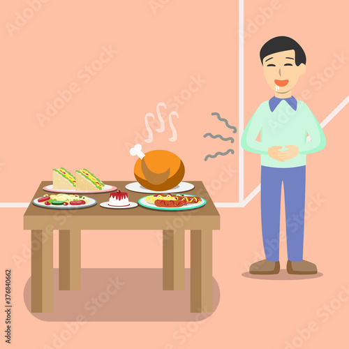 A man is hungry when he looks at a lot of food. His saliva flowing from his mouth and his stomach growling.A man's stomach rumbles concept vector.