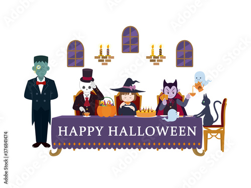 ハロウィンパーティー お茶会するイラスト