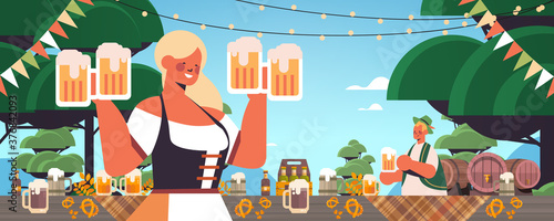 girl waitress holding beer mugs Oktoberfest party celebration concept woman in german traditional clothes having fun portrait horizontal vector illustration