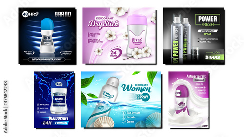 Deodorant Antiperspirant Promo Posters Set Vector. Roll And Spray, Dry And Gel Deodorant Blank Packages Collection Advertising Marketing Banners. Style Color Concept Template Illustrations