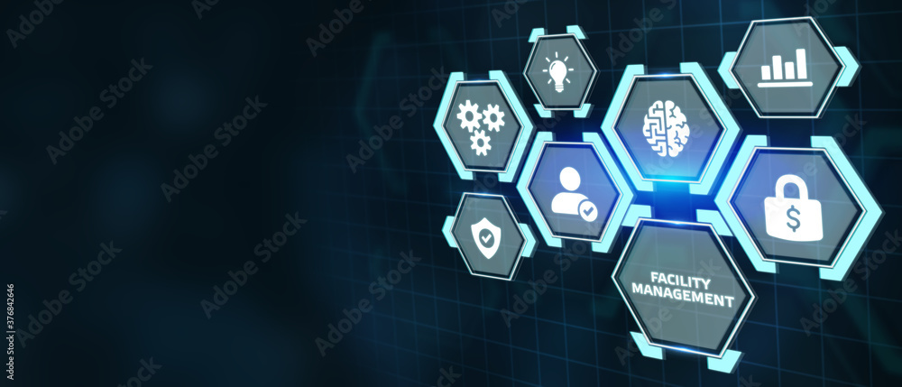 Business, Technology, Internet and network concept. Young businessman shows the word on the virtual display of the future: Facility management Business, Technology, Internet and network concept. Young businessman shows the word on the virtual display of the future: Facility management