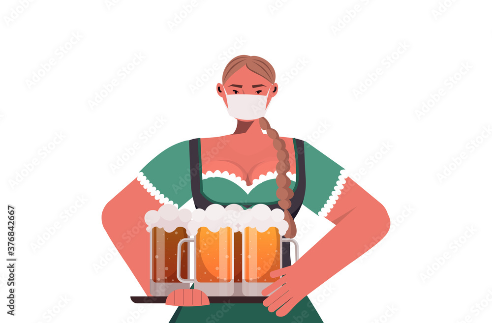 woman in medical mask holding beer mugs Oktoberfest party celebration coronavirus quarantine concept girl in german traditional clothes portrait horizontal vector illustration woman in medical mask holding beer mugs Oktoberfest party celebration coronavirus quarantine concept girl in german traditional clothes portrait horizontal vector illustration