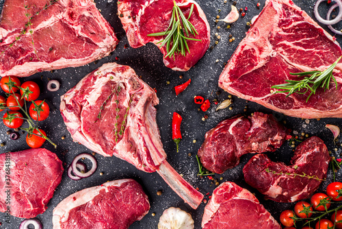 Set of various beef steaks