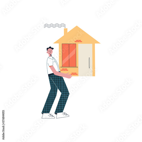 Man closed mortgage loan. Real estate agent presenting house to client. Character holding a house. Property money investment. Buying home. Modern flat illustration isolated on white background