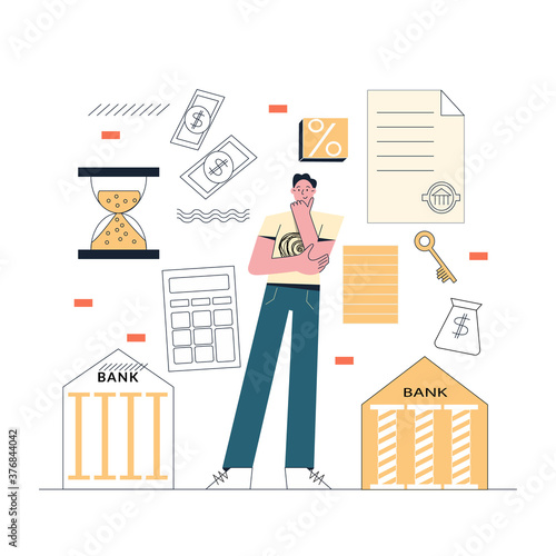 Business concept. Male character chooses banks with a good mortgage. Man is thinking of taking a mortgage to buy a real estate. Bank loan symbols. Flat vector illustration isolated on white background