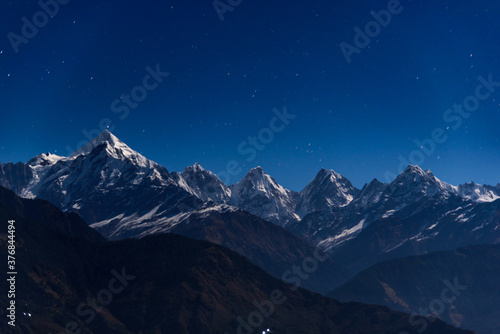 Long shutter time night view of sky at Munsiyari, Kumaon region, Uttarakhand, India.
