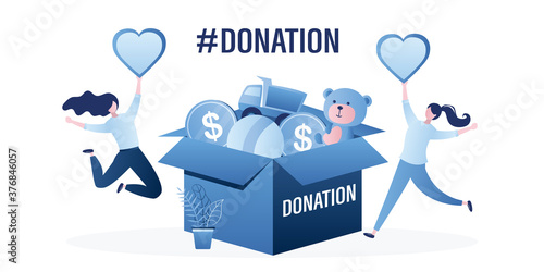 Big box with donations. Happy women holds hearts. Donation concept banner. Toys and money in box. Female volunteers