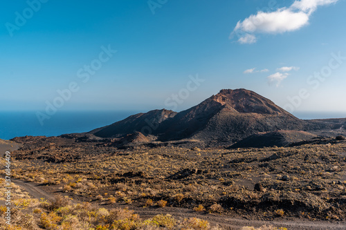 Trail reaching the Crater of the Teneguia volcano from the route of the volcanoes, La Palma island, Canary Islands. Spain