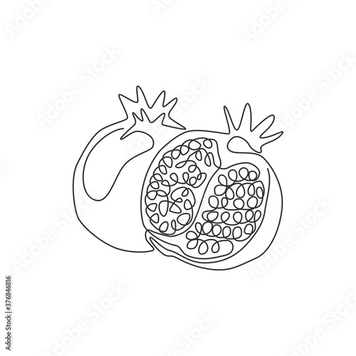 Single continuous line drawing of whole and half sliced healthy organic pomegranate for orchard logo identity. Fresh seed concept for fruit garden icon. Modern one line draw design vector illustration