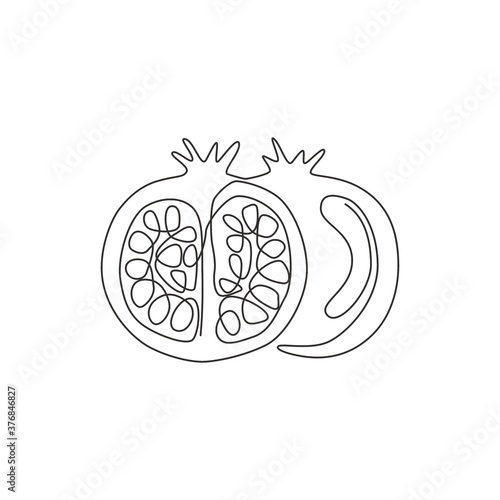 One continuous line drawing of whole and half sliced healthy organic pomegranate for orchard logo identity. Fresh seed concept for fruit garden icon. Modern single line draw design vector illustration