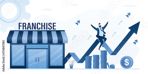 Happy and successful businessman sitting on growth graph arrow. Finance profit, business opened by franchise.