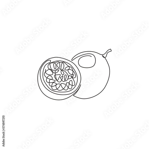 One single line drawing of whole healthy organic passion fruit for orchard logo identity. Fresh tropical fruitage concept for fruit garden icon. Modern continuous line draw design vector illustration