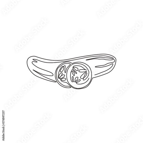 One single line drawing whole and sliced healthy organic cucumber for orchard logo identity. Fresh vegetable concept for vegan garden icon. Continuous line draw design graphic vector illustration