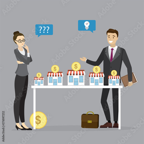 Businesswoman buyer select and buys ready-made business. Cartoon salesman offer various franchises and licenses.