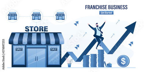 Successful businessman sitting on growth graph arrow. Finance profit, business opened by franchise. Profitable stores network.