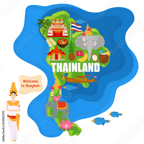 Thailand map with national symbols. Travel to Thailand. Traditional architecture.