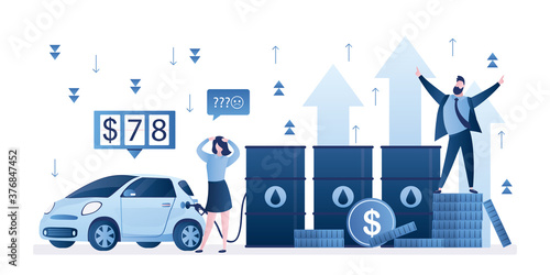 Modern car is fueled with gasoline from an oil barrel. Unhappy woman driver. Expensive fuel price on meter. Increased costs.