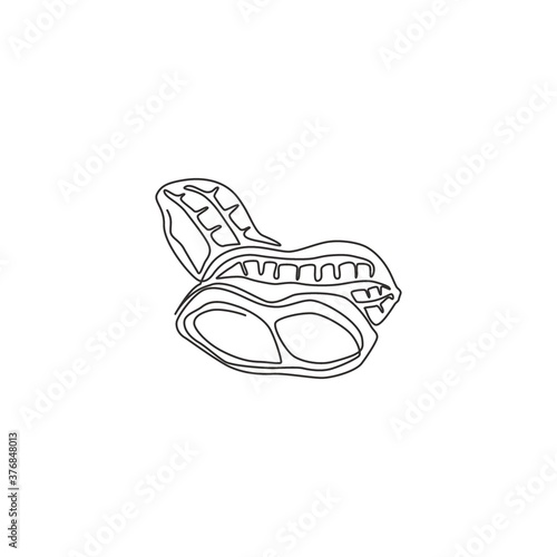 One continuous line drawing of whole healthy organic peanut for snack product logo identity. Fresh hypogaea concept for edible beans icon. Modern single line draw design graphic vector illustration