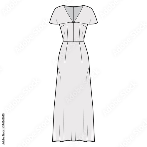 Long dress technical fashion illustration with deep V-neck, cape-effect short sleeves, ancle floor length, A-line fullness. Flat apparel template front grey color. Women men unisex CAD mockup