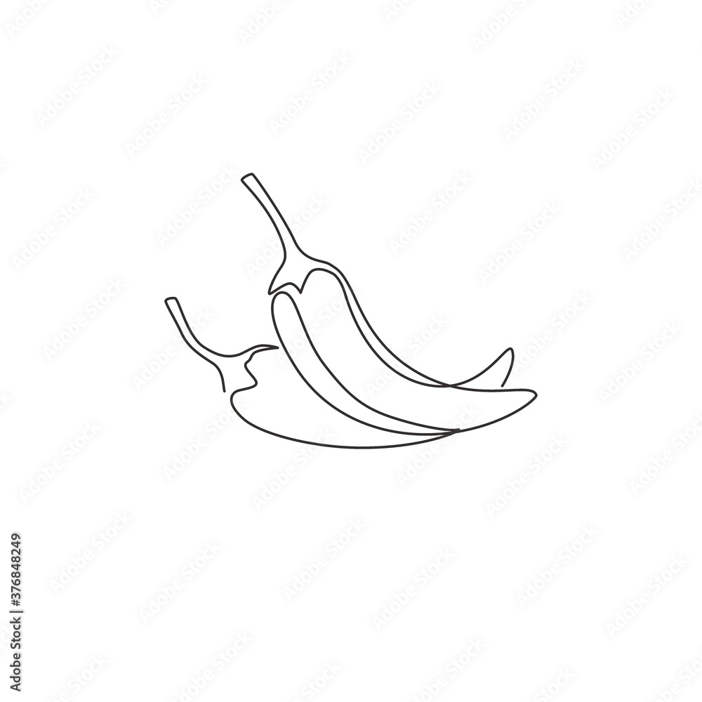 Obraz premium One single line drawing of whole healthy organic hot chili for farm logo identity. Fresh chile pepper concept for vegetable icon. Modern continuous line draw design vector graphic illustration