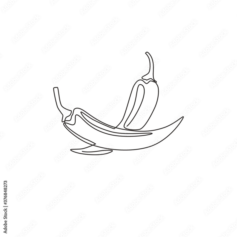Single continuous line drawing of whole healthy organic hot chili for farm logo identity. Fresh chilli pepper concept for vegetable icon. Modern one line draw design graphic vector illustration Single continuous line drawing of whole healthy organic hot chili for farm logo identity. Fresh chilli pepper concept for vegetable icon. Modern one line draw design graphic vector illustration