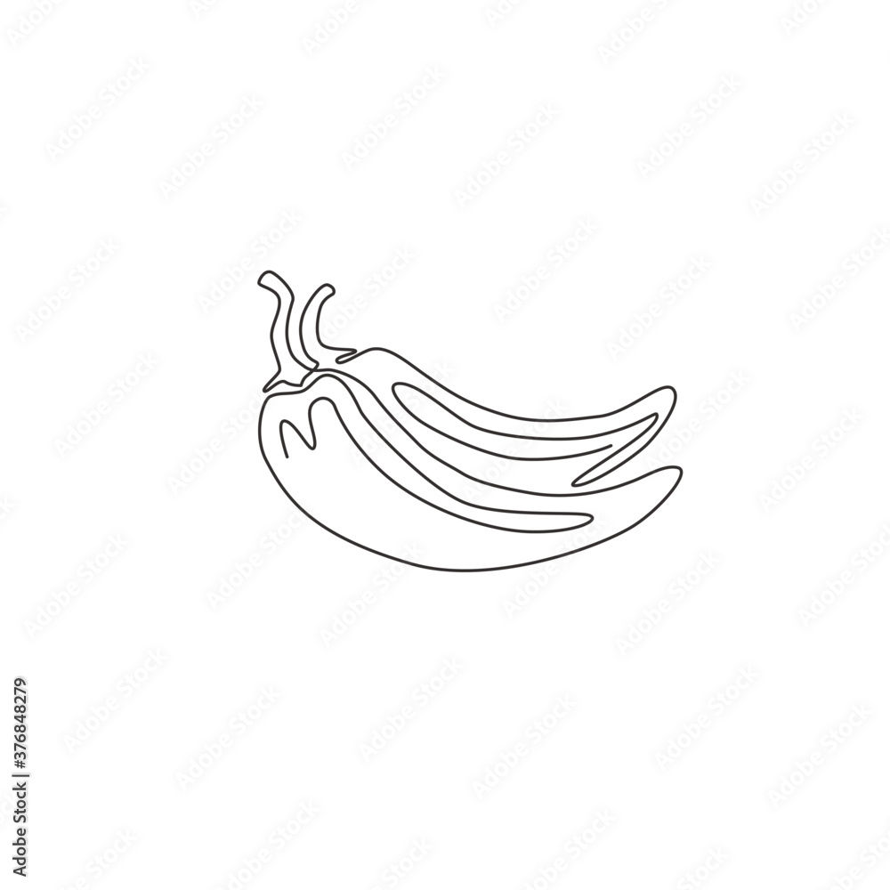 One continuous line drawing of whole healthy organic hot chili for farm logo identity. Fresh chile pepper concept for vegetable icon. Modern single line draw graphic design vector illustration